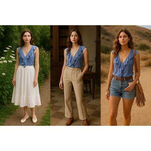 Free People S Women's Blue Ruffle Blouse Sleeveless Boho Romantic Cottagecore